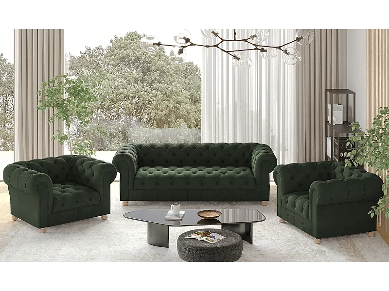 Set 3+1+1 CHESTERFIELD, Stoff Whisper, Grün