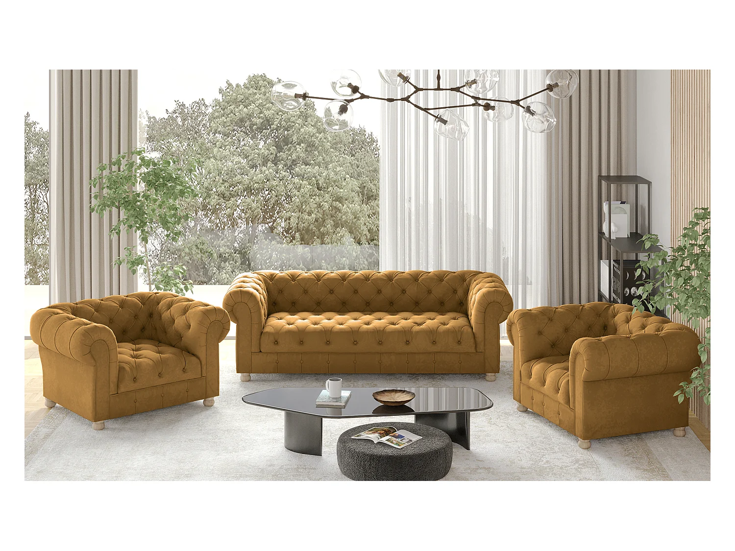 Set 3+1+1 CHESTERFIELD, Stoff Whisper, Golden