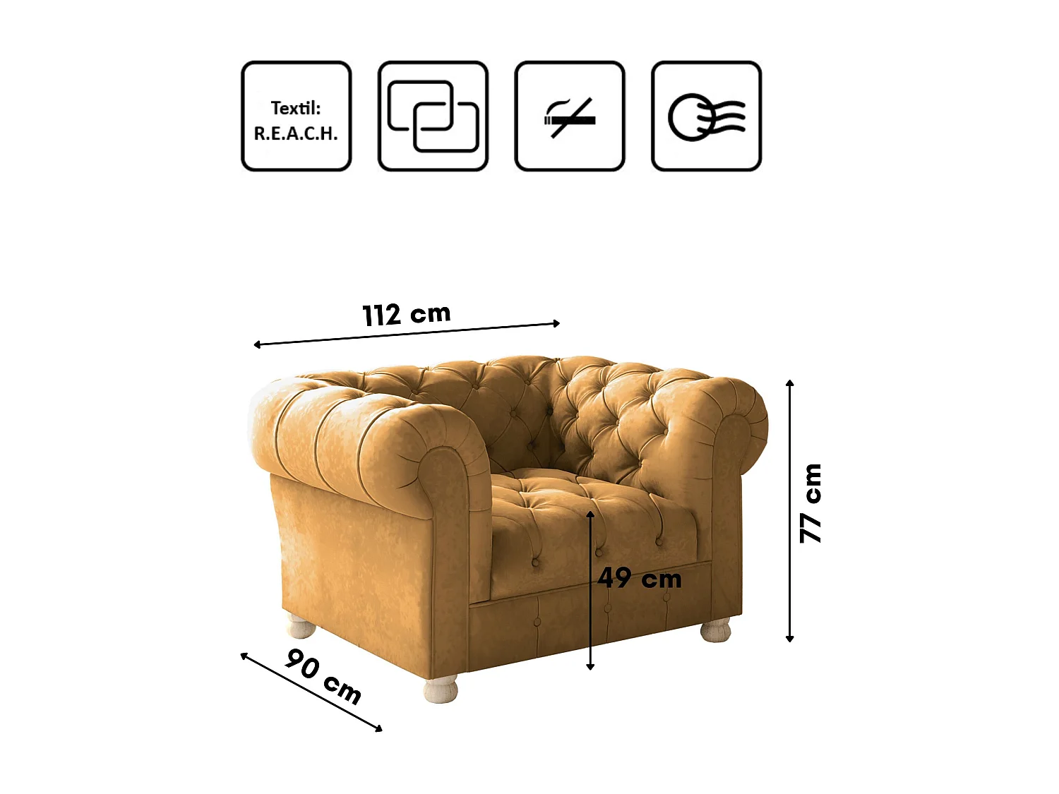 Set 3+1+1 CHESTERFIELD, stof Whisper, Goudkleurig
