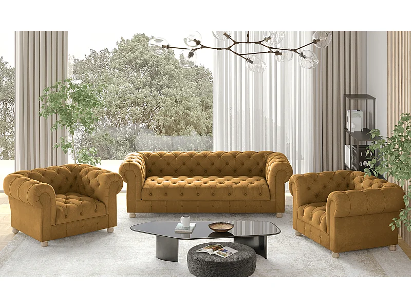 Set 3+1+1 CHESTERFIELD, stof Whisper, Goudkleurig