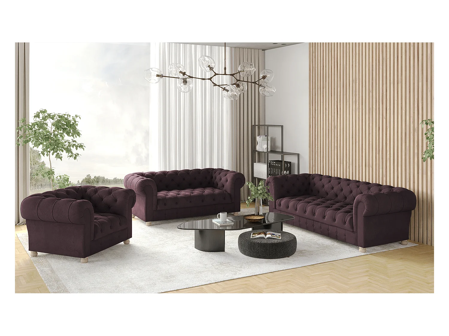 Set 3+2+1 CHESTERFIELD, Stoff Whisper, Rotwein