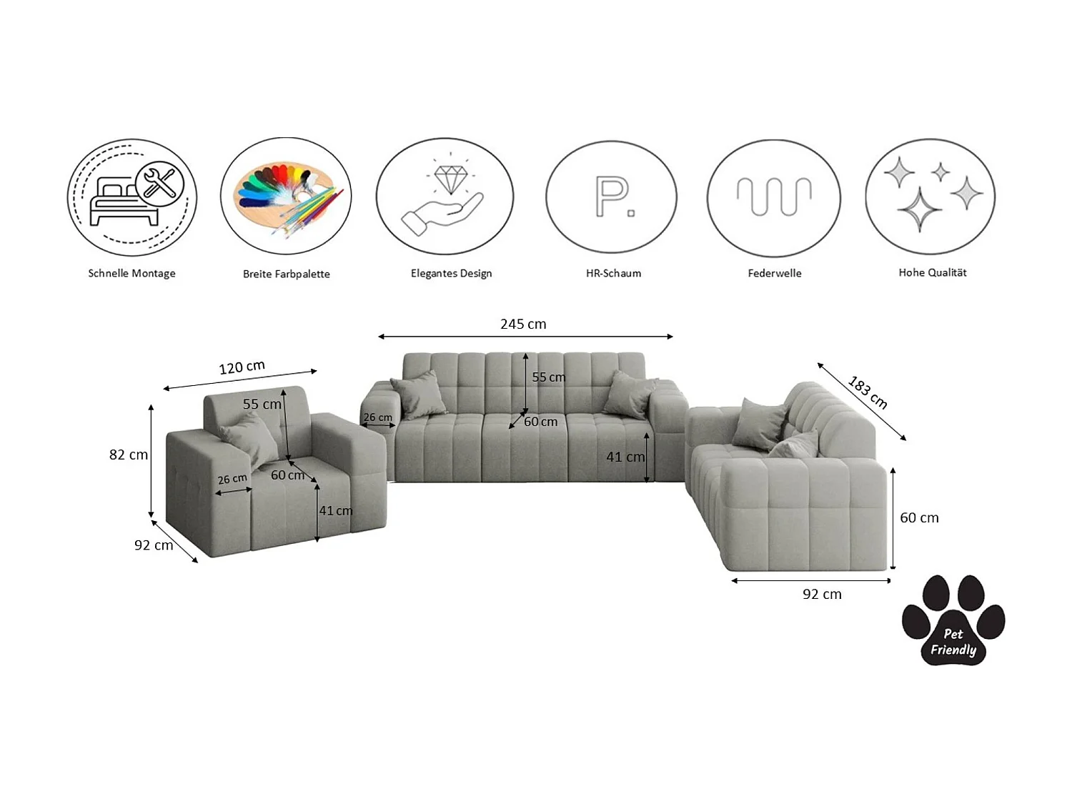 Set 3+2+1 NIMES, Stoff Portland, Grau