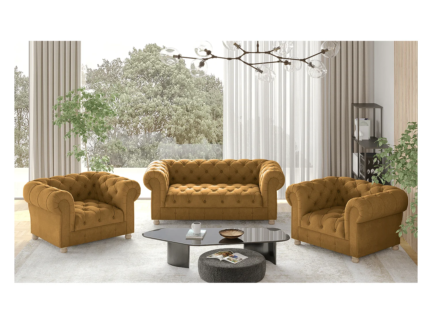 Set 2+1+1 CHESTERFIELD, Stoff Whisper, Golden