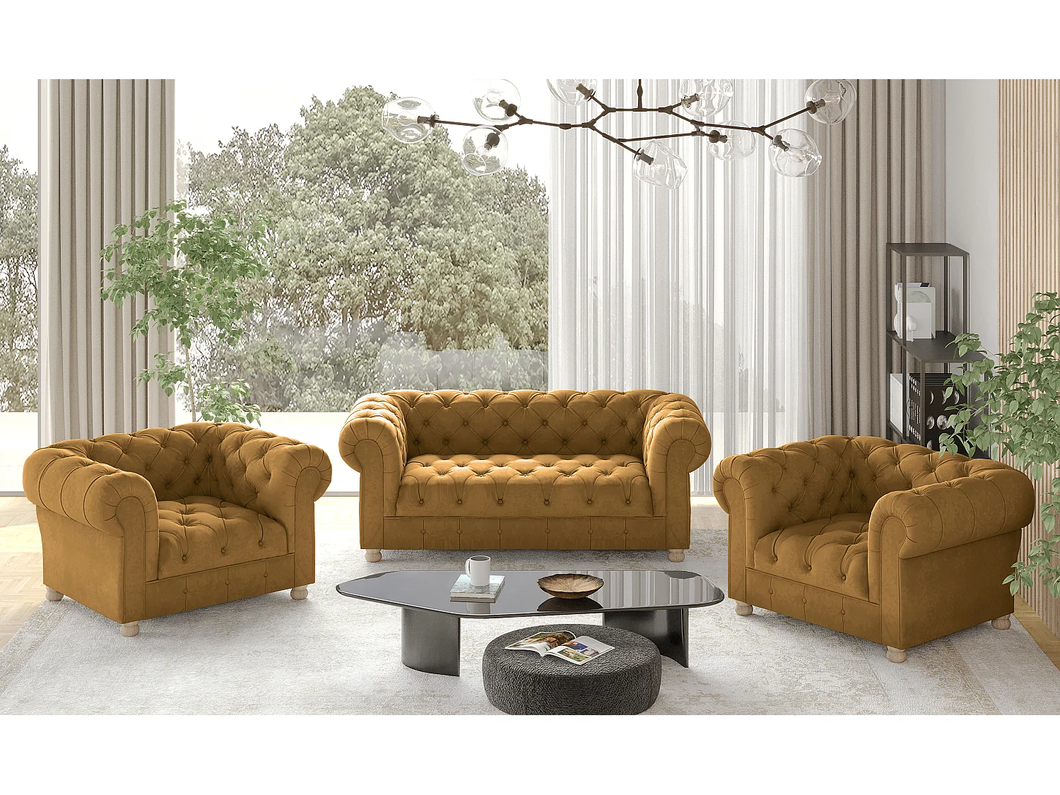 Set 2+1+1 CHESTERFIELD, stof Whisper, Goudkleurig