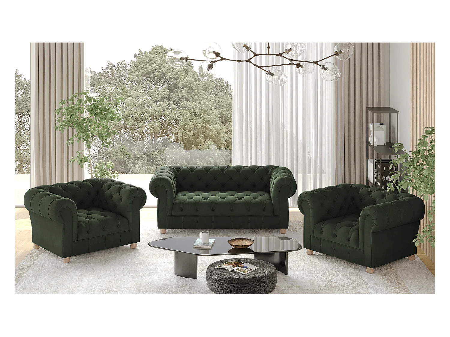 Set 2+1+1 CHESTERFIELD, Stoff Whisper, Grün