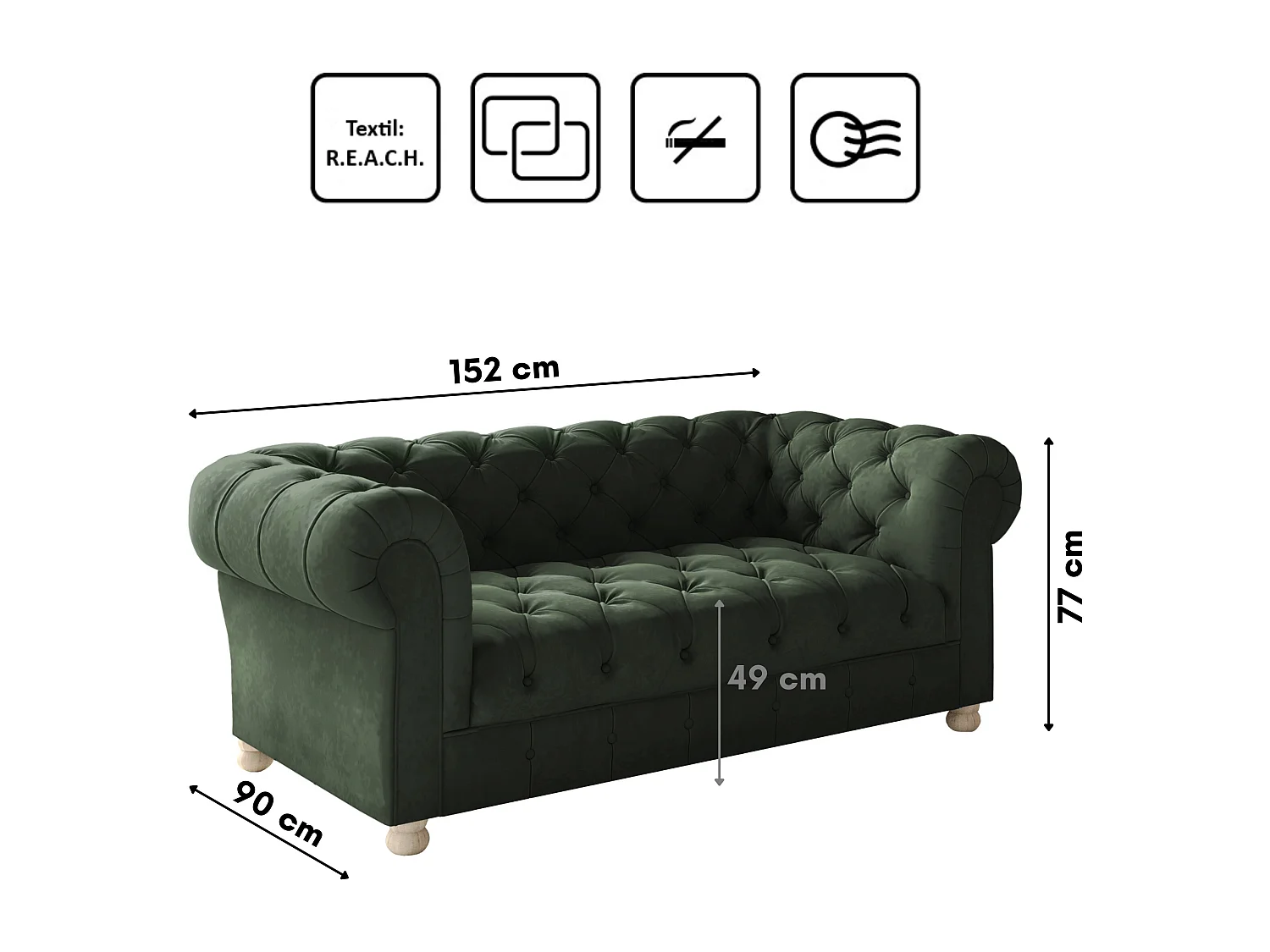 Set 2+1+1 CHESTERFIELD, stof Whisper, groen