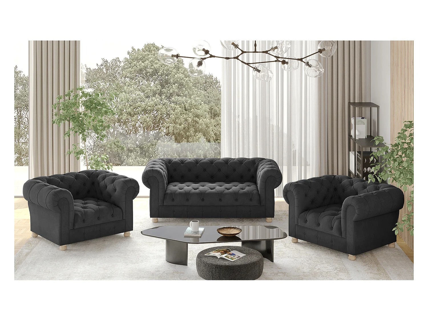 Set 2+1+1 CHESTERFIELD, Stoff Whisper, Graphit