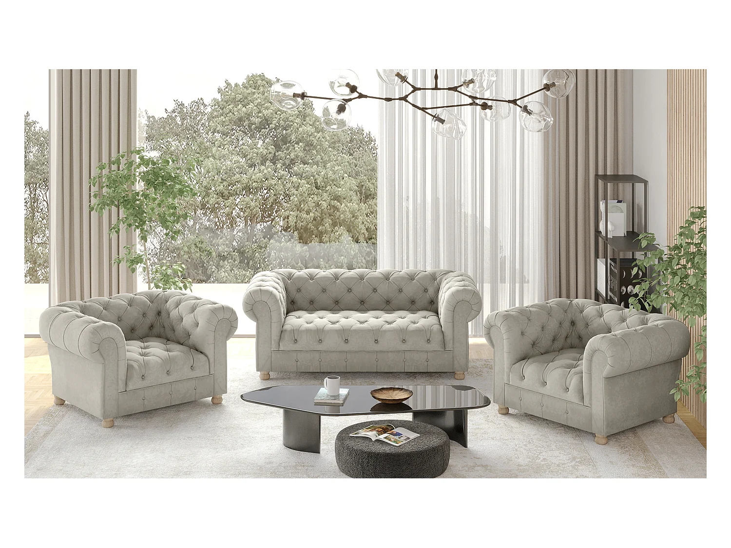 Set 2+1+1 CHESTERFIELD, Stoff Whisper, Creme