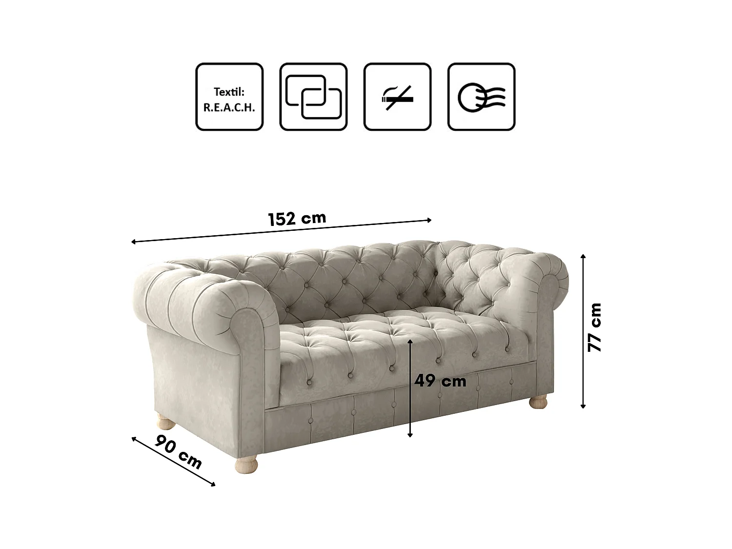 Set 2+1+1 CHESTERFIELD, Stoff Whisper, Creme