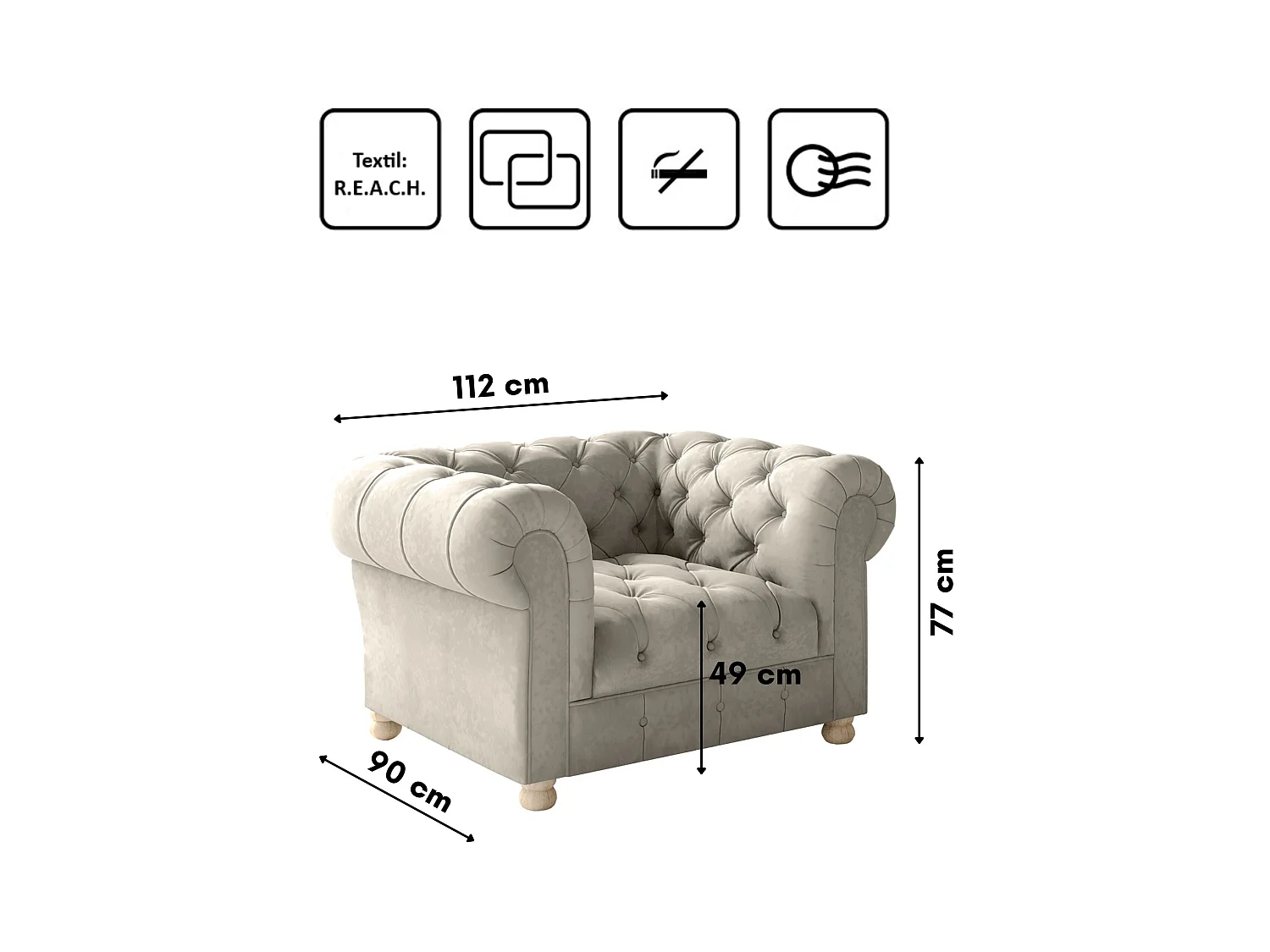 Set 2+1+1 CHESTERFIELD, Stoff Whisper, Creme