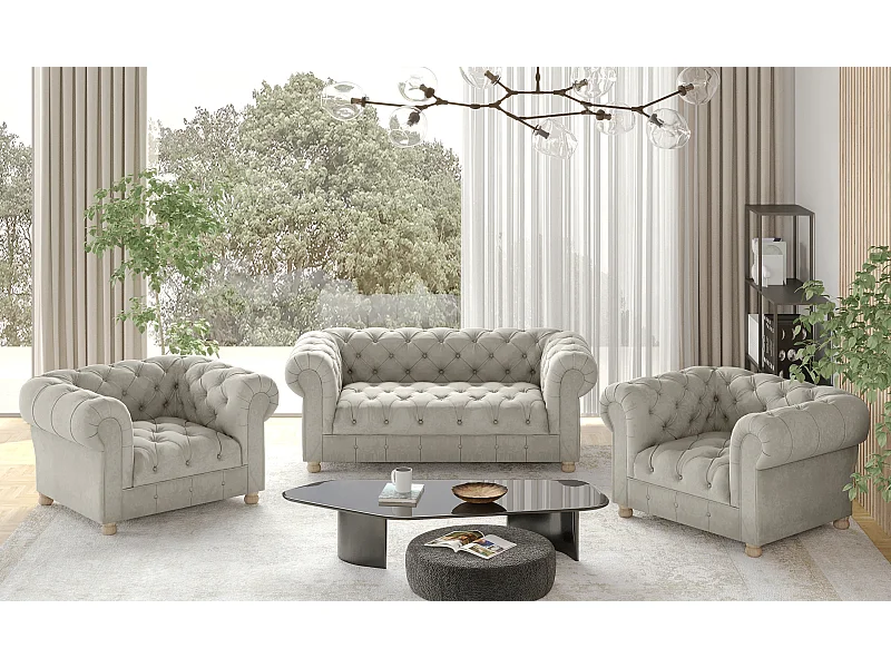 Set 2+1+1 CHESTERFIELD, stof Whisper, crème