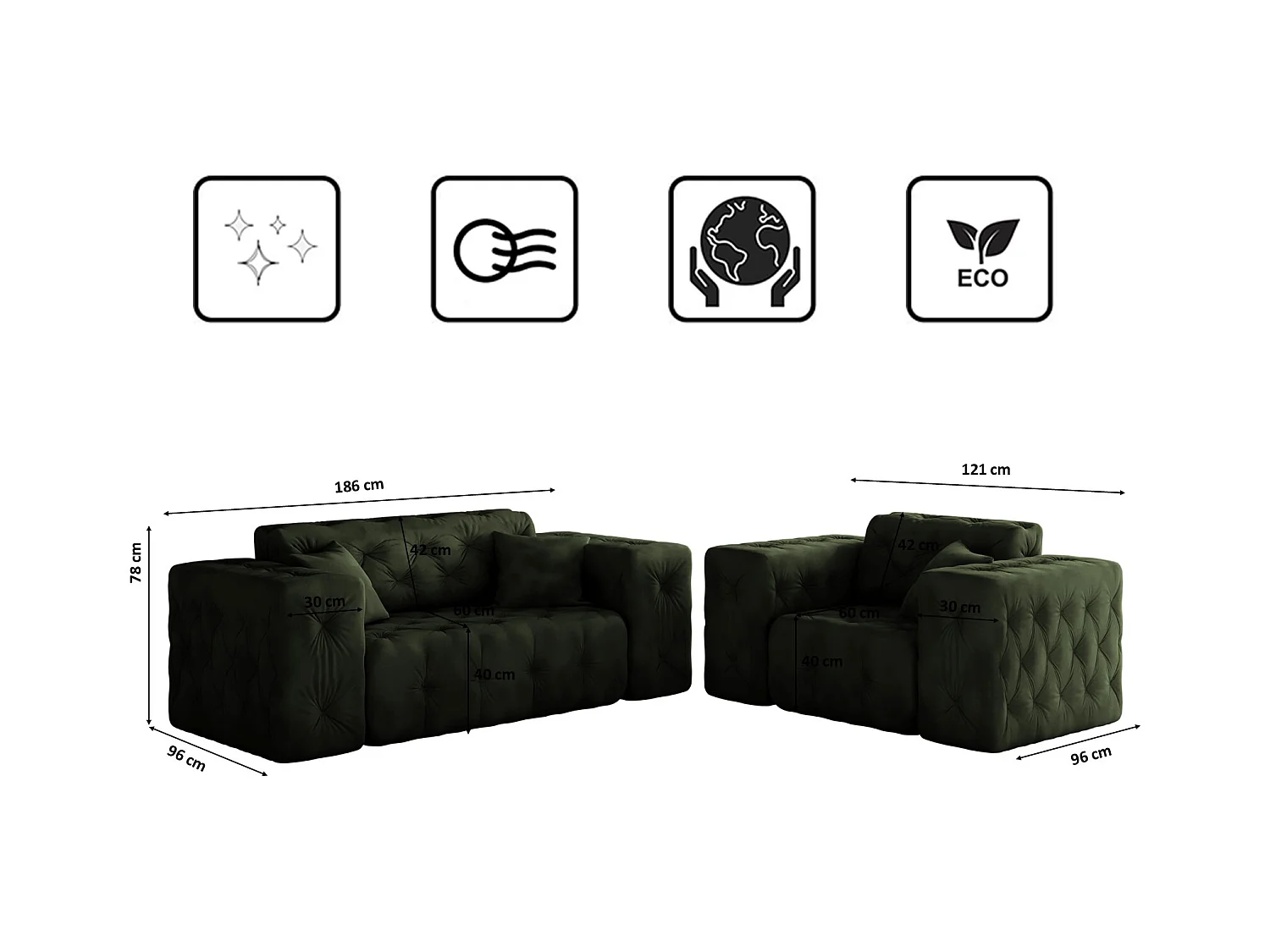 Set 2+1+1 LUX, Stoff Whisper, Grün