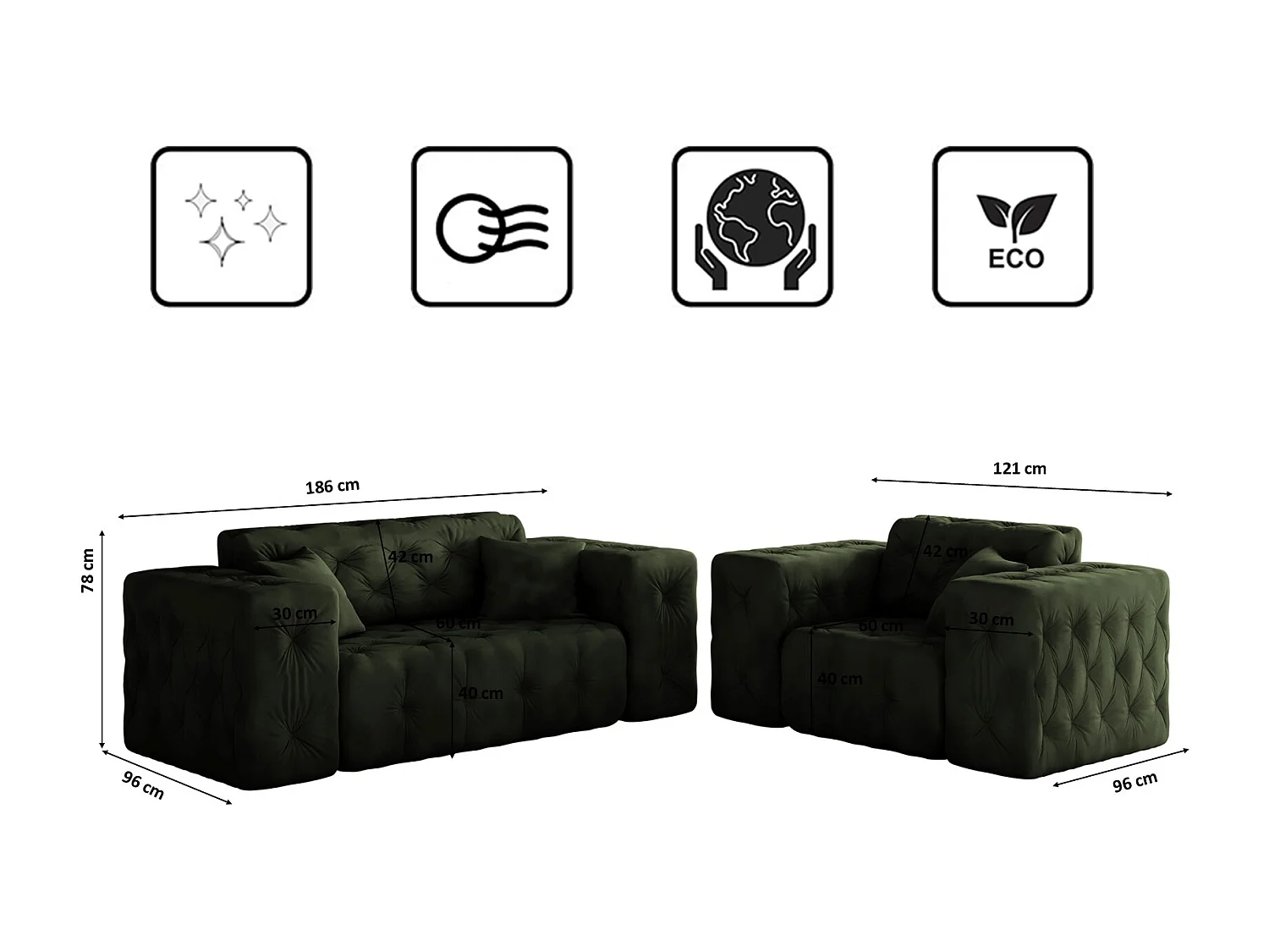 Set 2+1+1 LUX, stof Whisper, groen