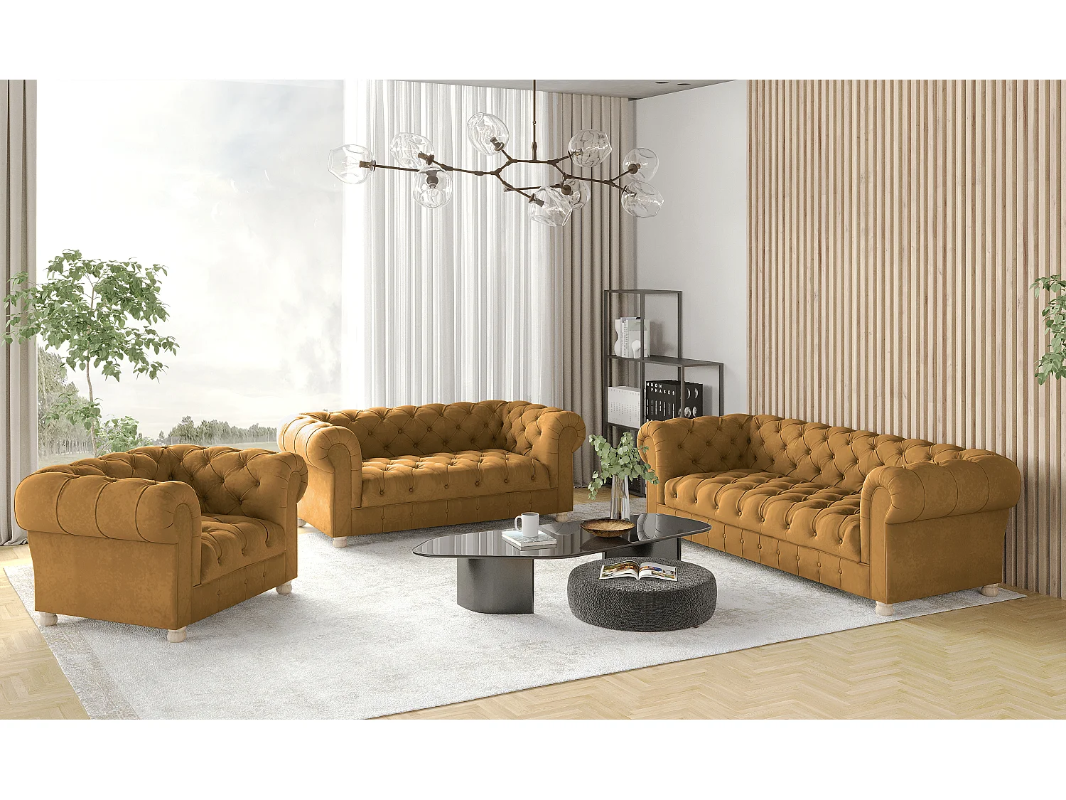 Set 3+2+1 CHESTERFIELD, Stoff Whisper, Golden