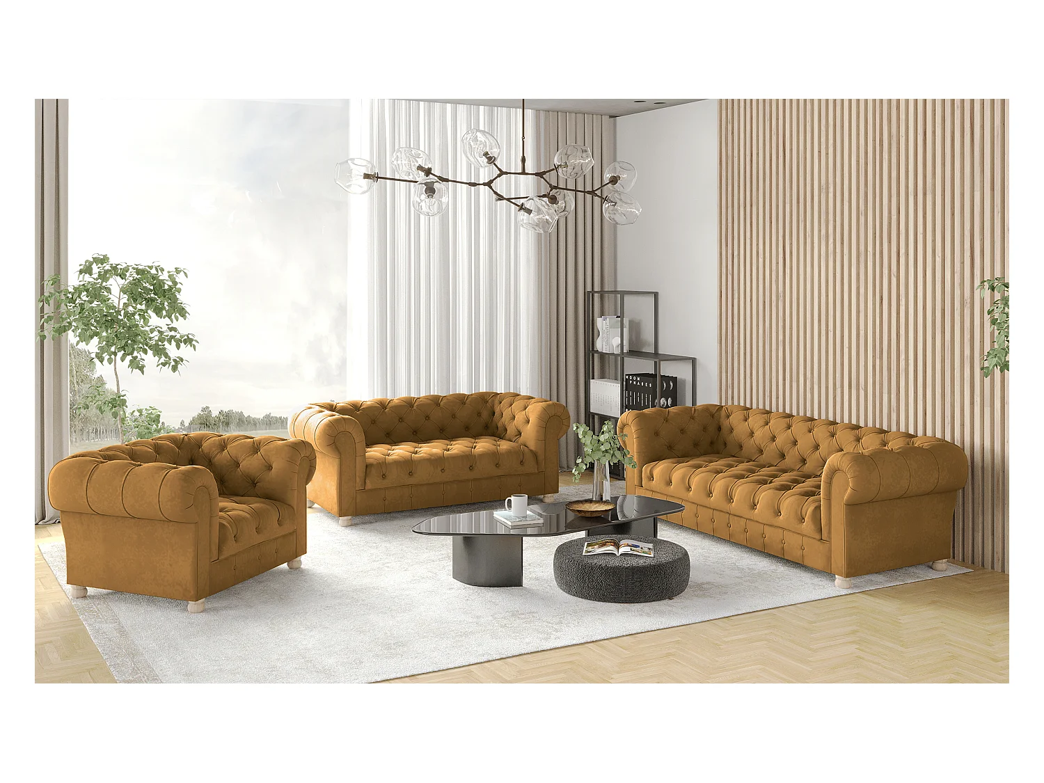 Set 3+2+1 CHESTERFIELD, Stoff Whisper, Golden