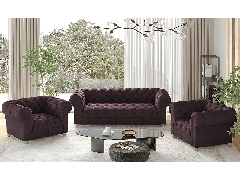 Set 3+1+1 CHESTERFIELD, Stoff Whisper, Rotwein