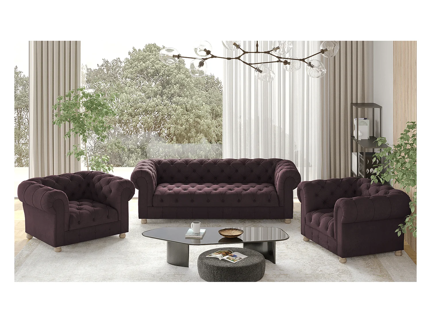 Set 3+1+1 CHESTERFIELD, Stoff Whisper, Rotwein