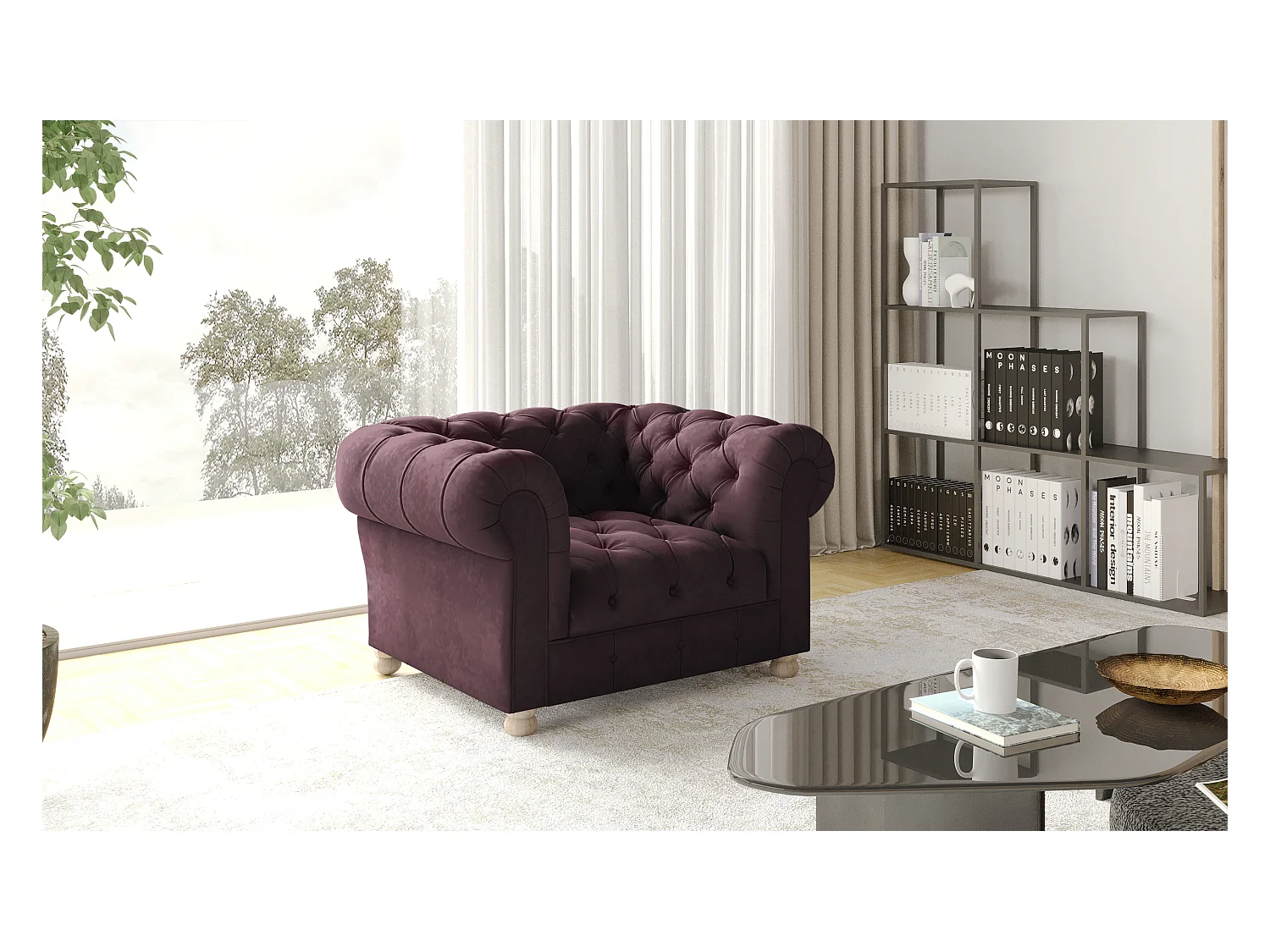 CHESTERFIELD fauteuil, Whisper stof, rode wijn
