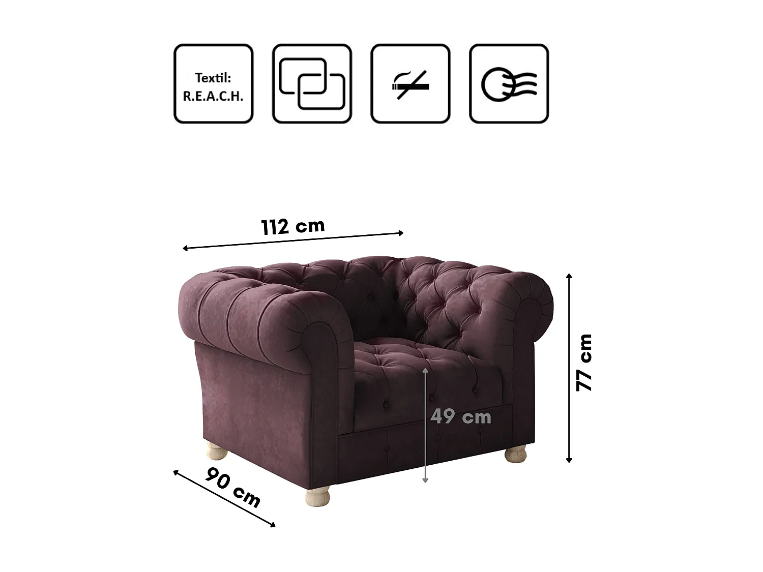 Sessel CHESTERFIELD, Stoff Whisper, Rotwein
