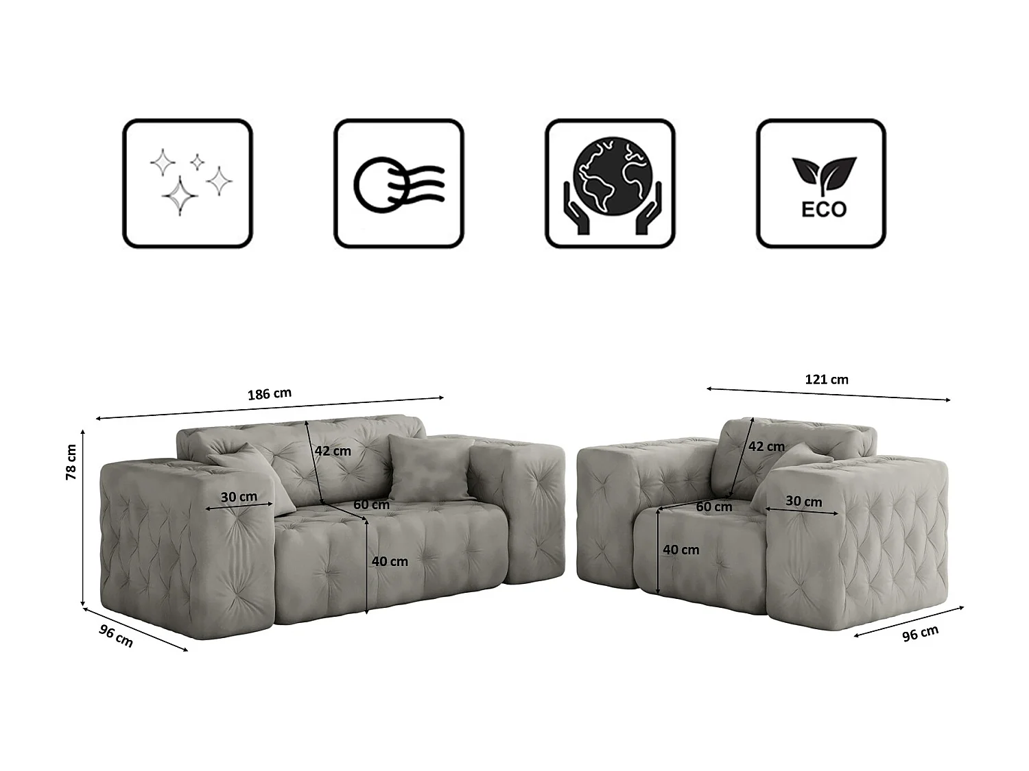 Set 2+1 LUX, Stoff Whisper, Silber