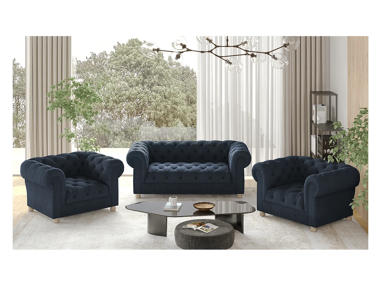 Set 2+1+1 CHESTERFIELD, Stoff Whisper, Blau