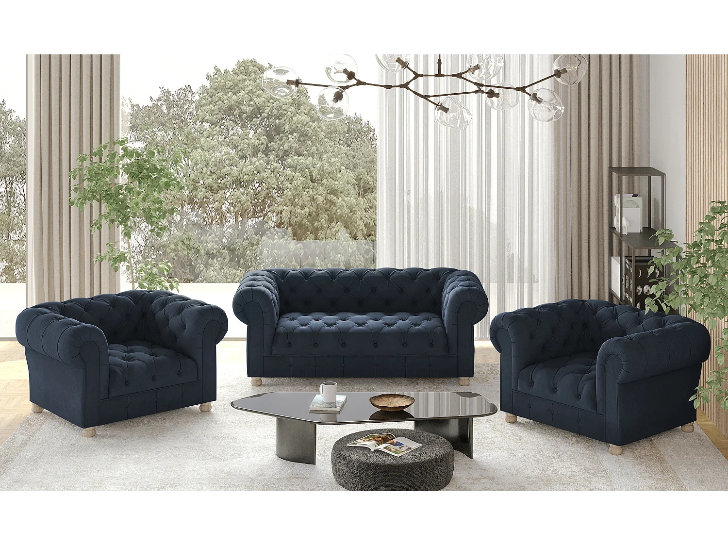 Set 2+1+1 CHESTERFIELD, stof Whisper, blauw