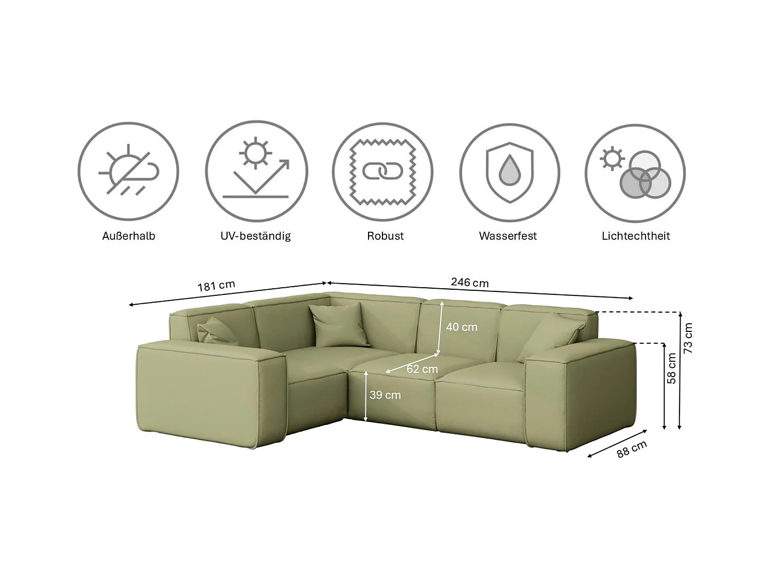 Gartenmöbel Ecksofa MALIBU, Stoff ODYSSEY, Hellgrün, Links