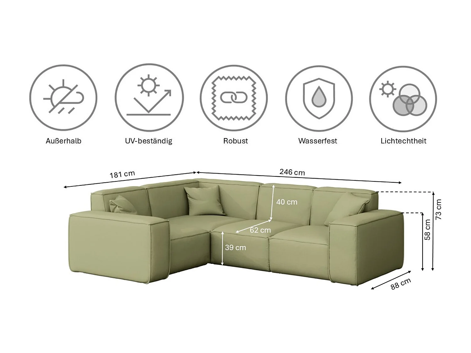 Salon de jardin canapé d'angle MALIBU, tissu ODYSSEY, vert clair, gauche