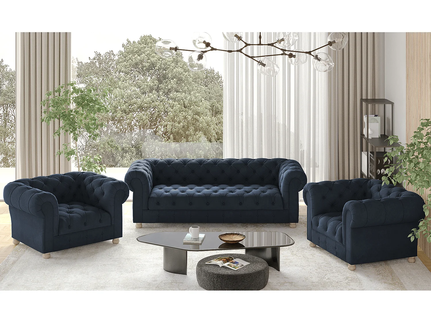 Set 3+1+1 CHESTERFIELD, Stoff Whisper, Blau
