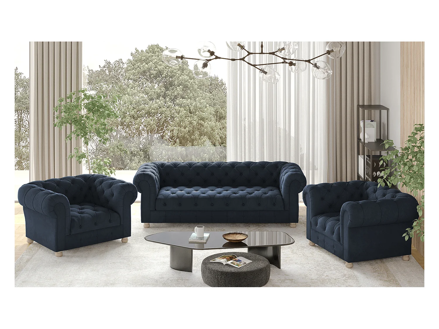 Set 3+1+1 CHESTERFIELD, Stoff Whisper, Blau