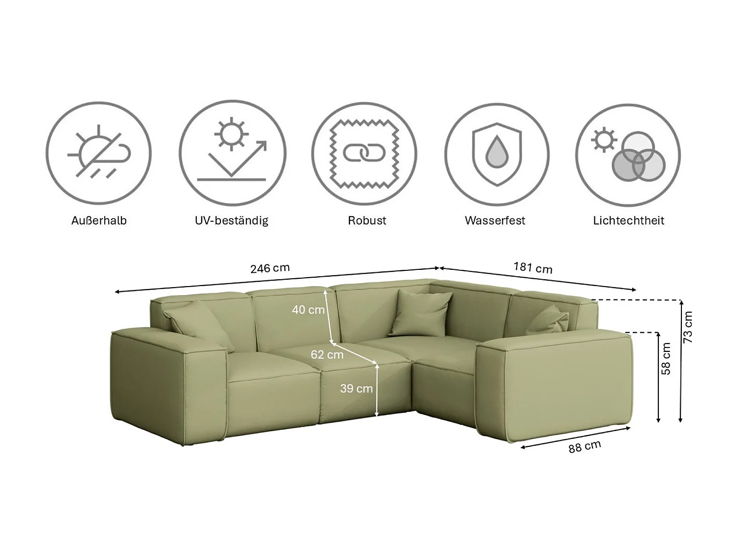 Salon de jardin canapé d'angle MALIBU, tissu ODYSSEY, vert clair, droit