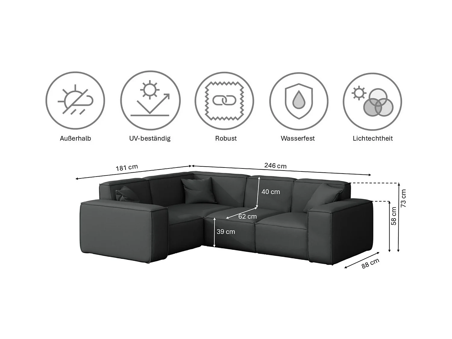Tuinmeubel hoekbank MALIBU, stof ODYSSEY, antraciet, links