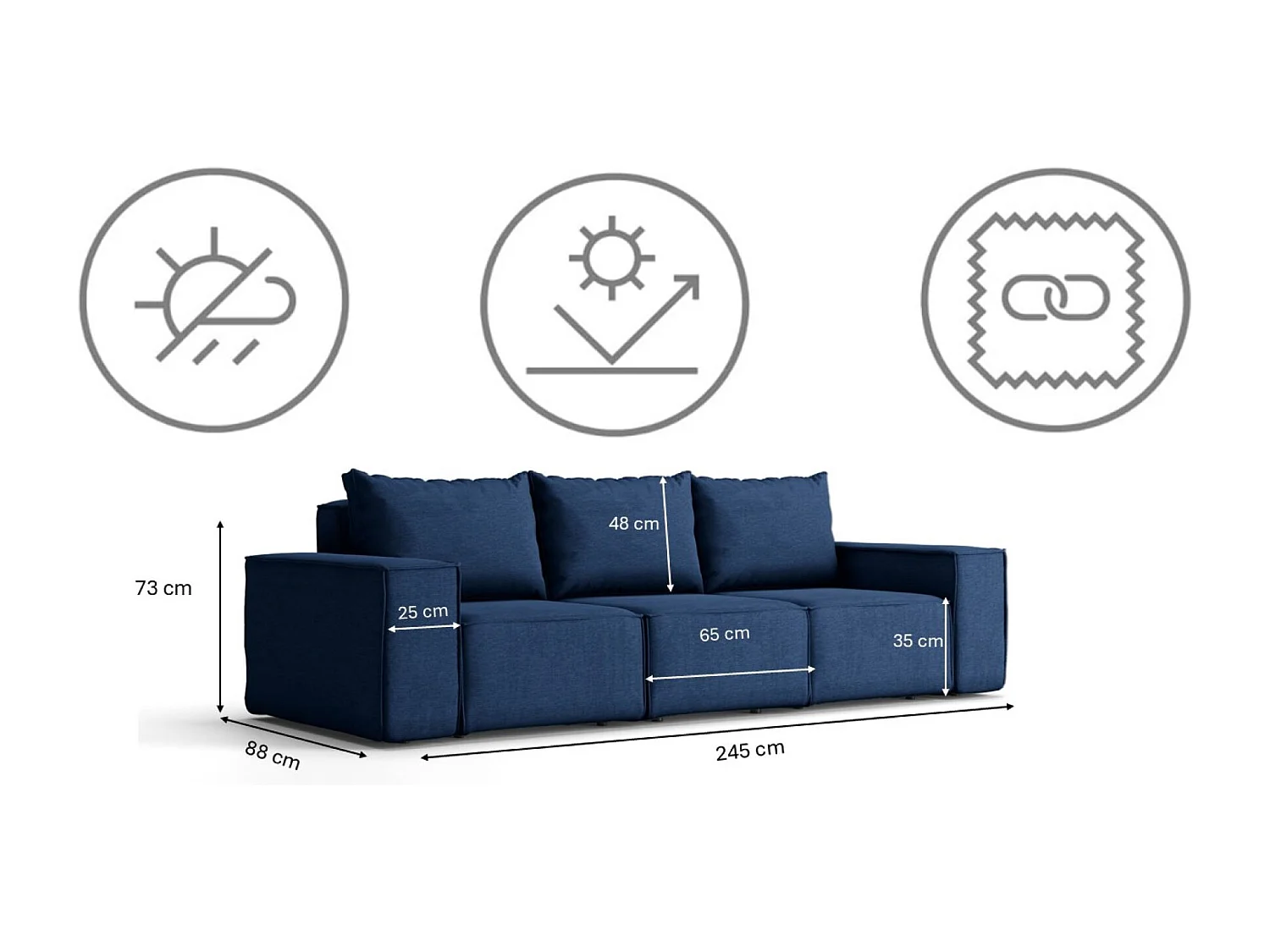 Salon de jardin canapé trois places SONNE, tissu ARTICLE, bleu marine