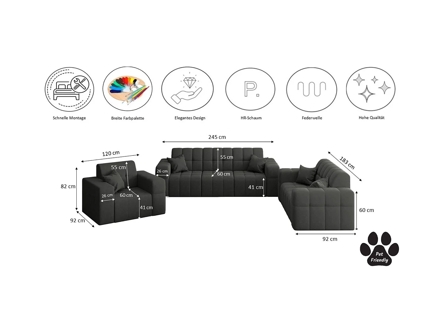 Set 3+2+1 NIMES, Stoff Portland, Schwarz