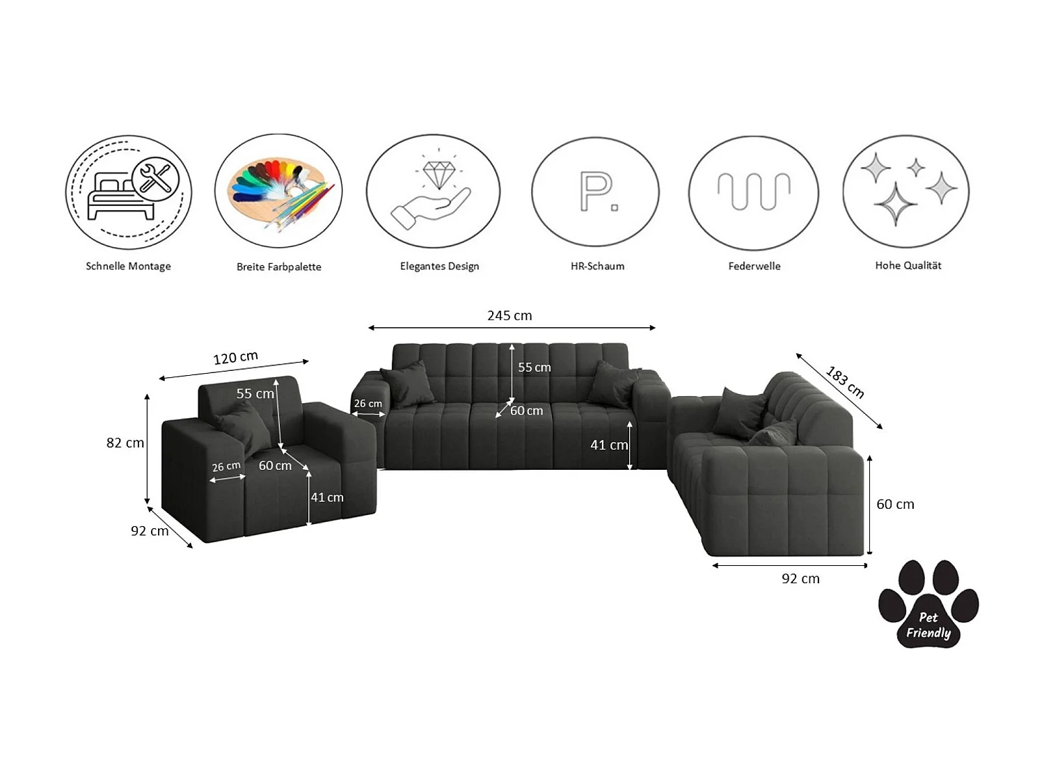 Set 3+2+1 NIMES, stof Portland, zwart