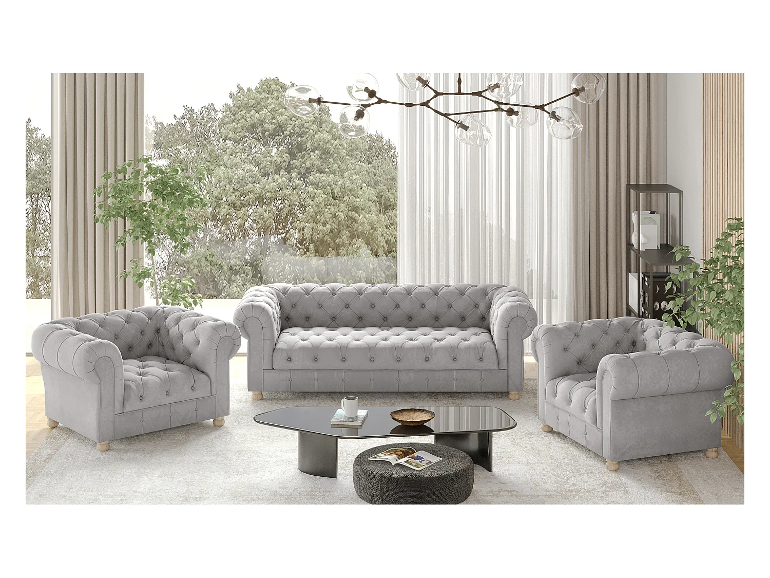 Set 3+1+1 CHESTERFIELD, Stoff Whisper, Silber