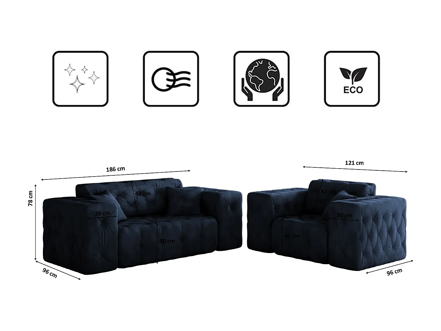 Set 2+1 LUX, Stoff Whisper, Blau