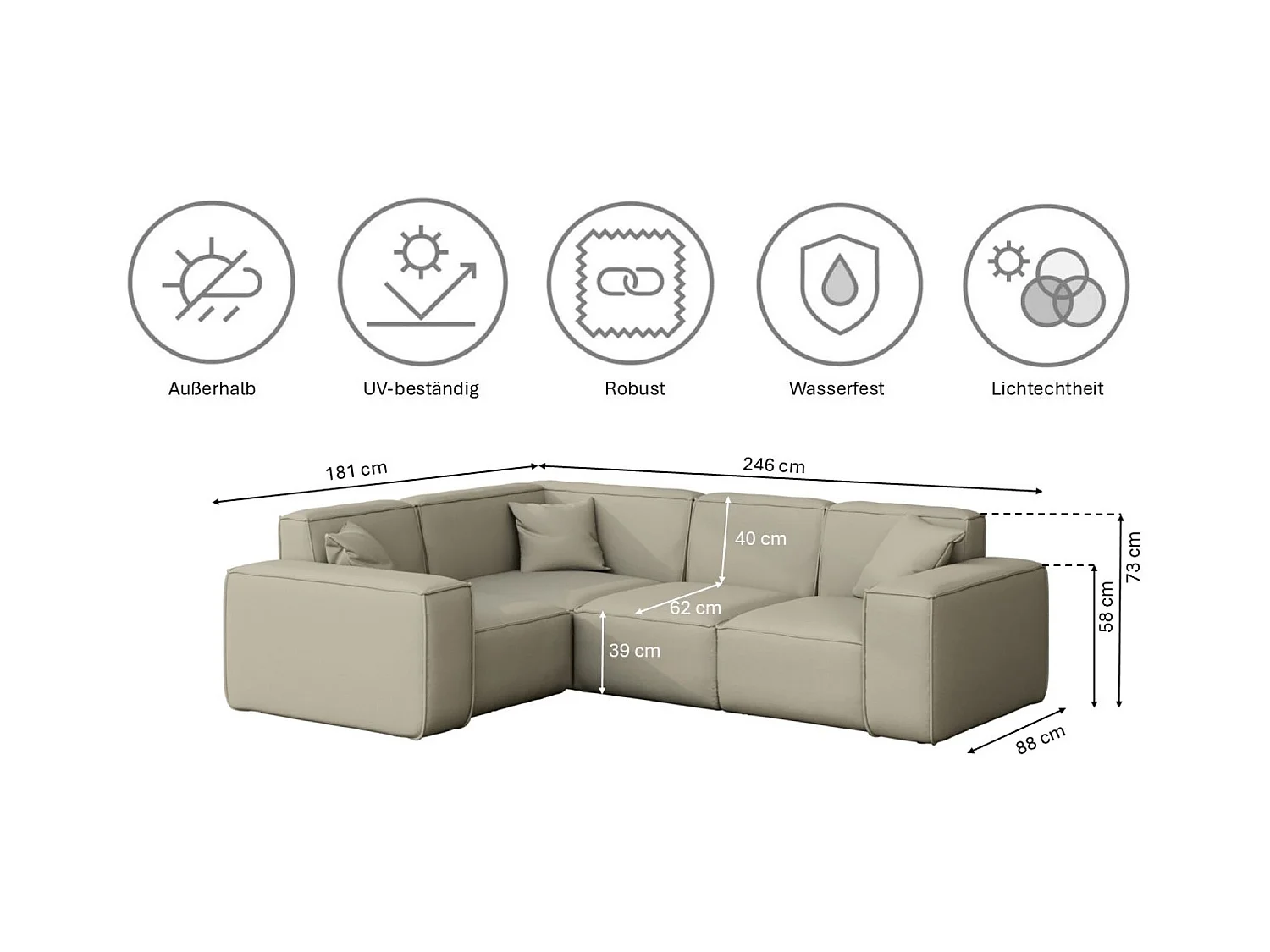 Tuinmeubel hoekbank MALIBU, stof ODYSSEY, donkerbeige, links