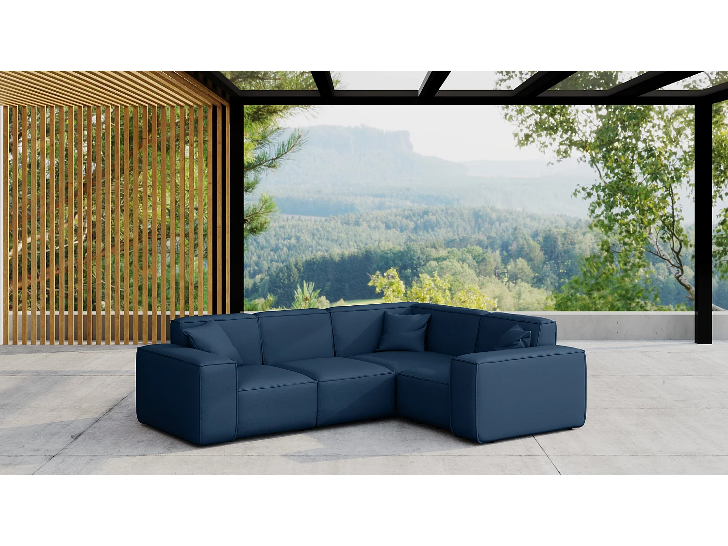 Salon de jardin canapé d'angle MALIBU, tissu ODYSSEY, bleu marine, droit