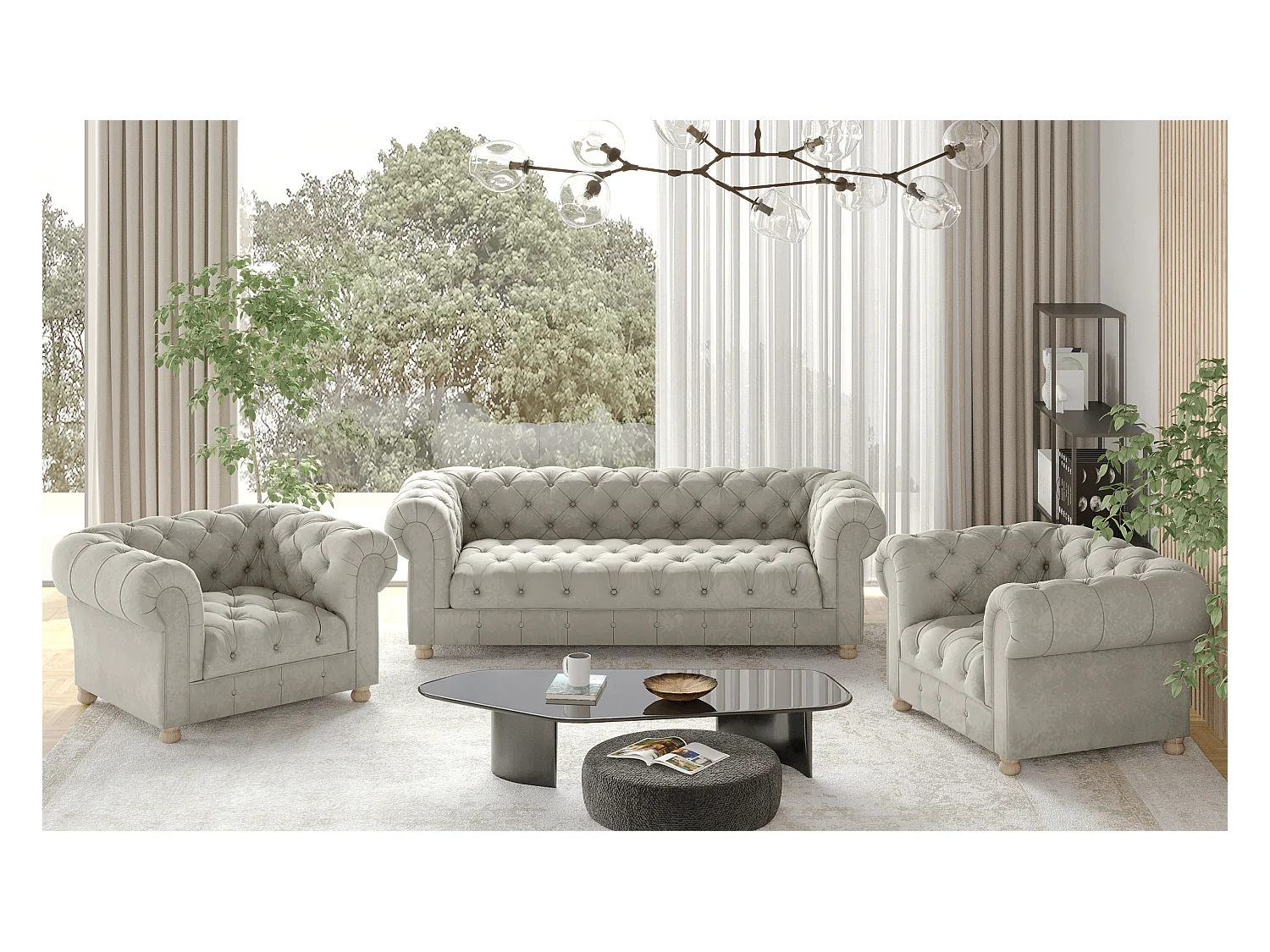 Set 3+1+1 CHESTERFIELD, Stoff Whisper, Creme