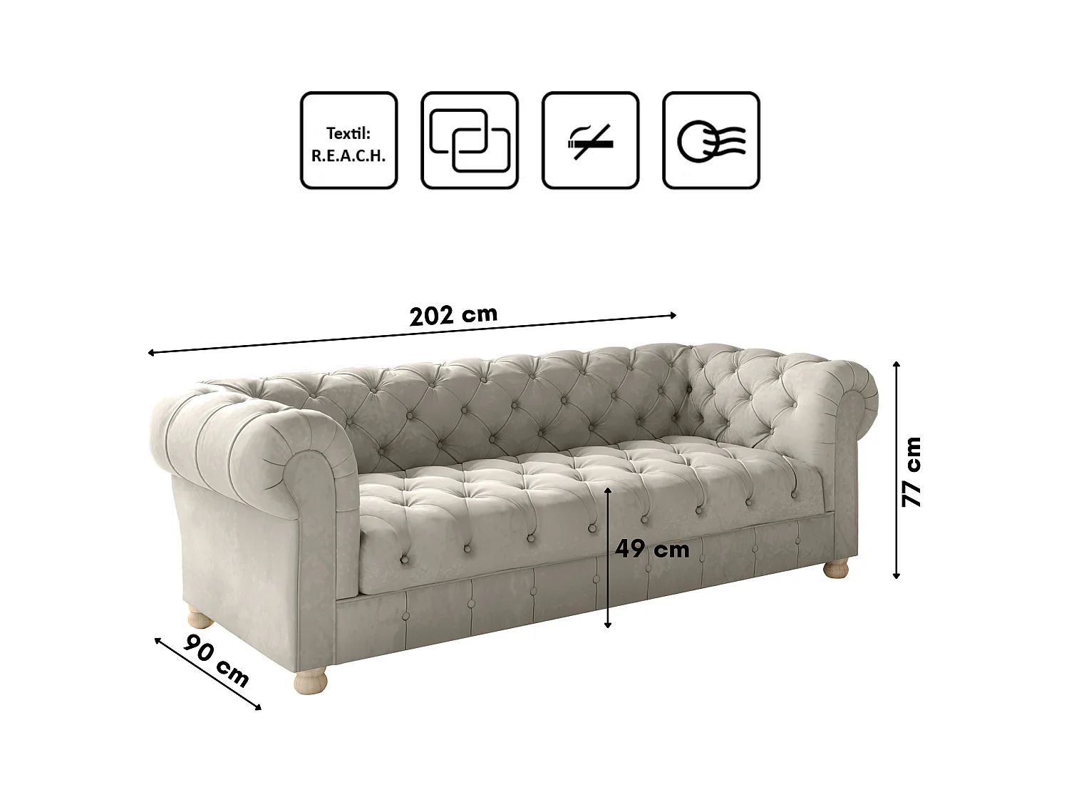 Set 3+1+1 CHESTERFIELD, Stoff Whisper, Creme