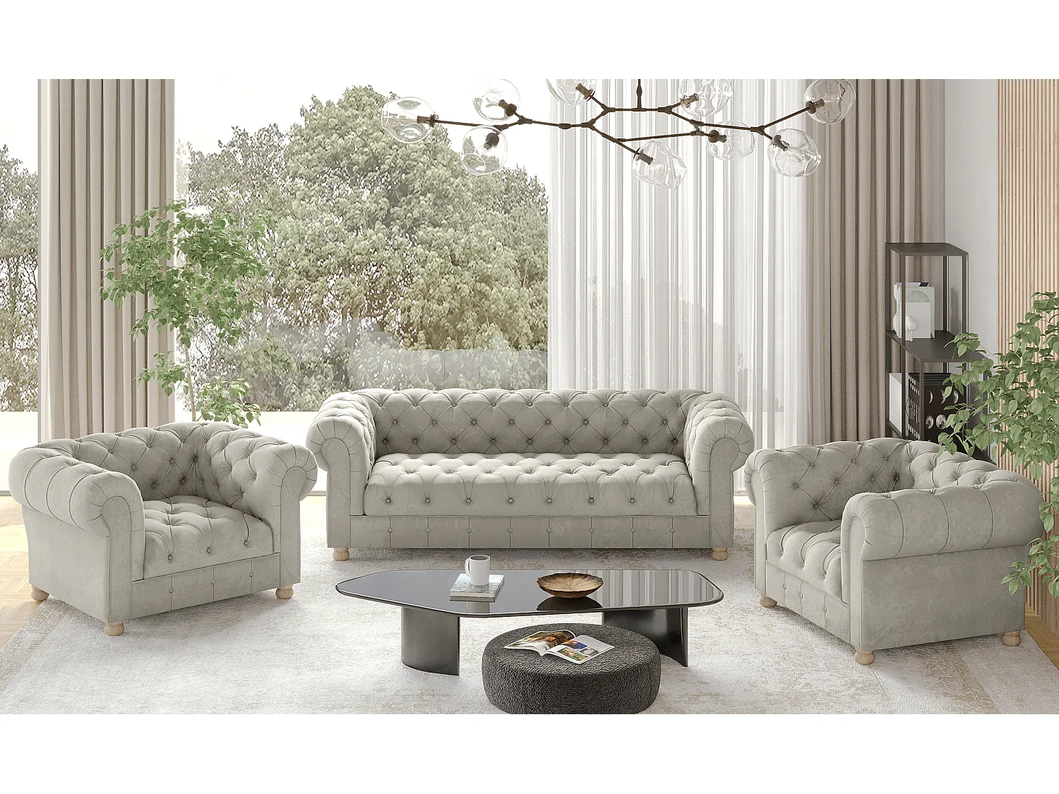 Set 3+1+1 CHESTERFIELD, stof Whisper, crème