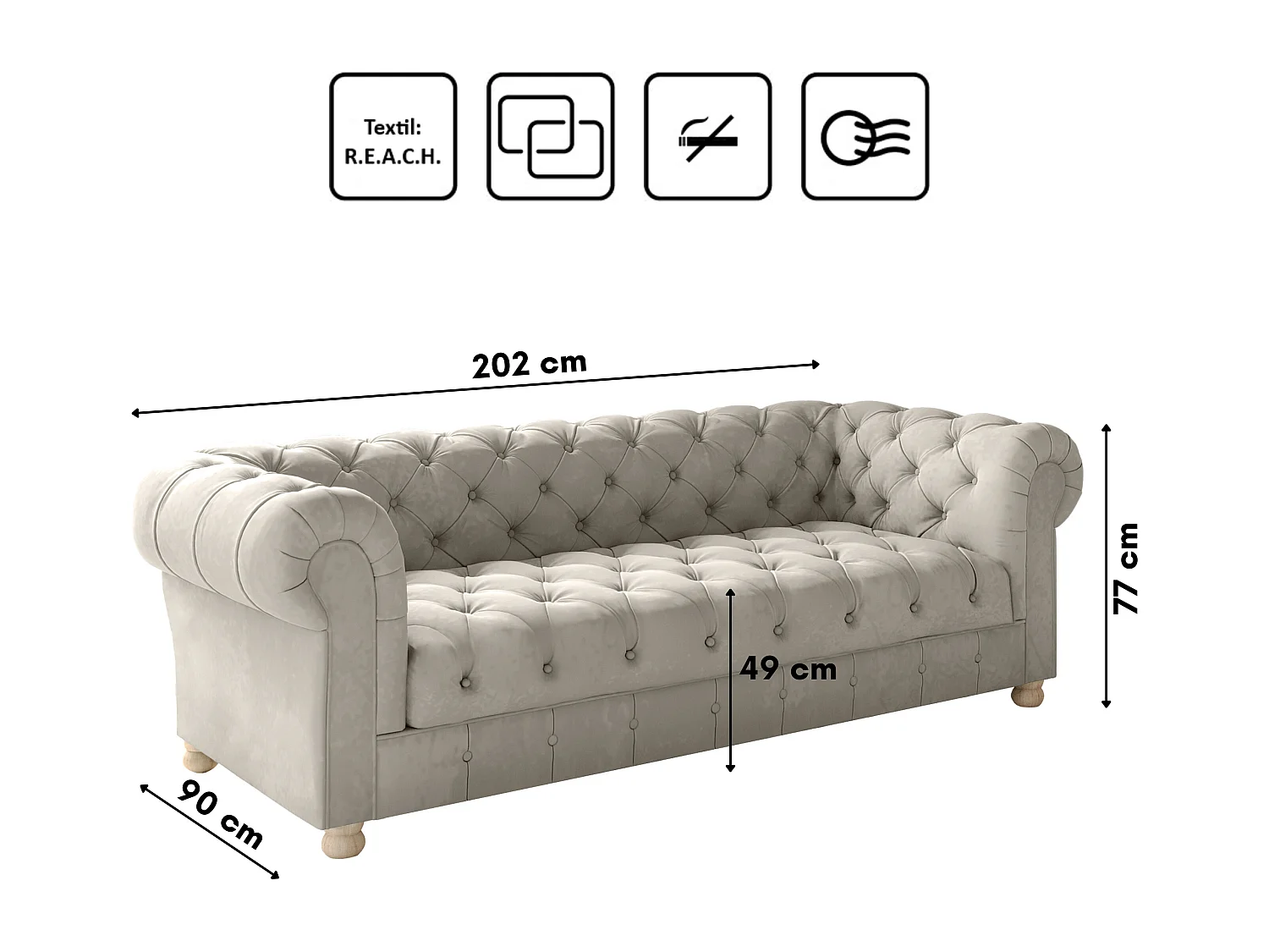 Set 3+1+1 CHESTERFIELD, stof Whisper, crème