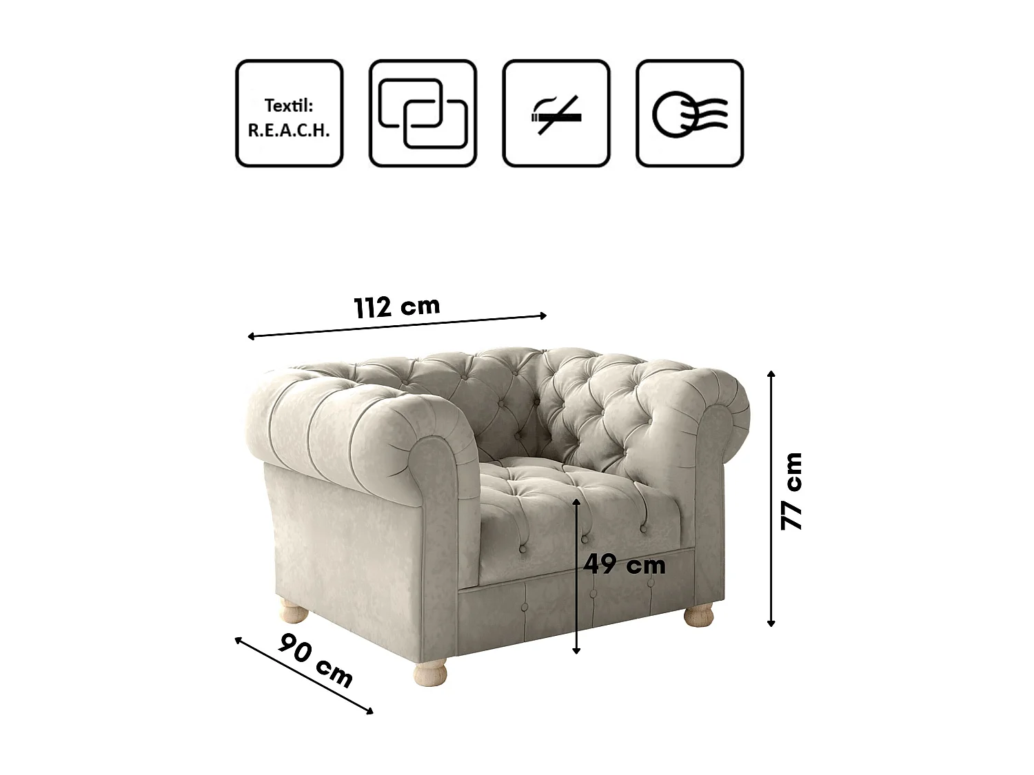 Set 3+1+1 CHESTERFIELD, stof Whisper, crème