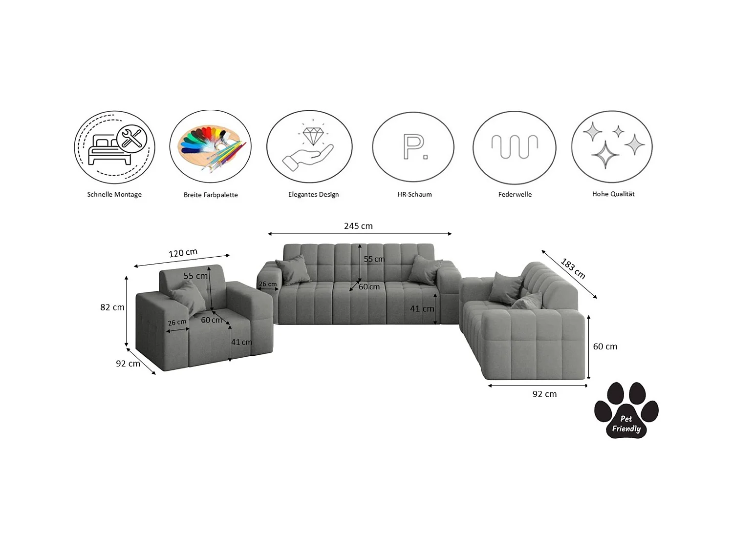 Set 3+2+1 NIMES, Stoff Portland, Anthrazit