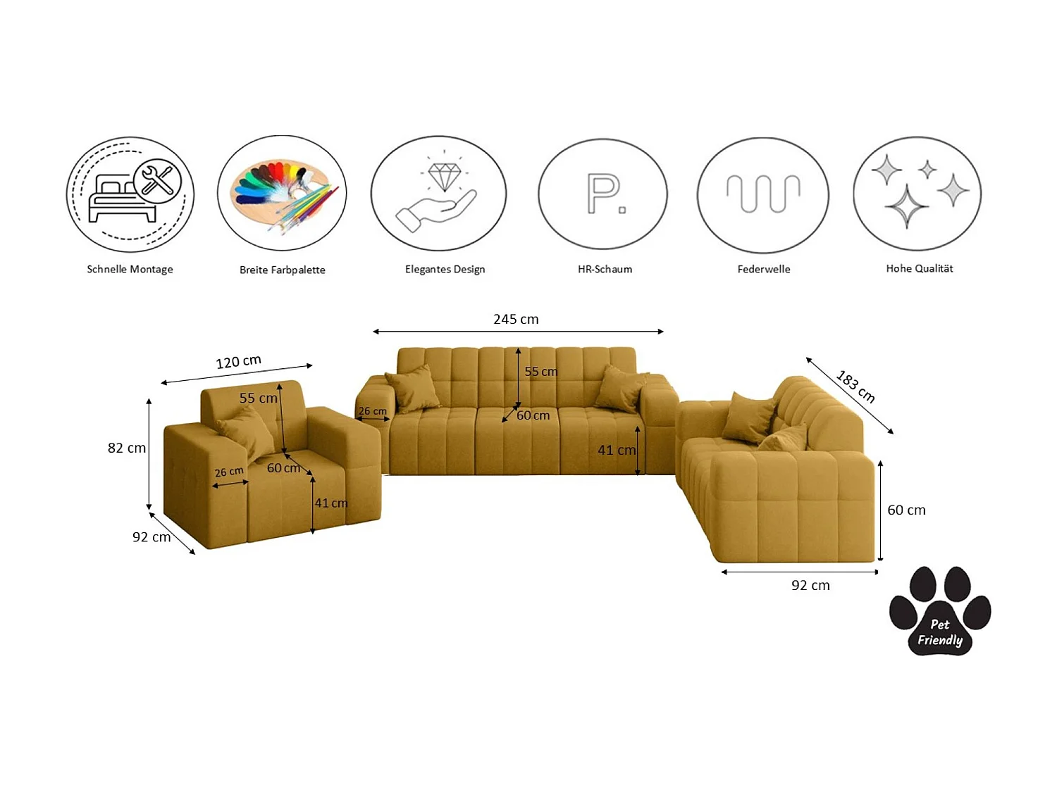 Set 3+2+1 NIMES, stof Portland, geel