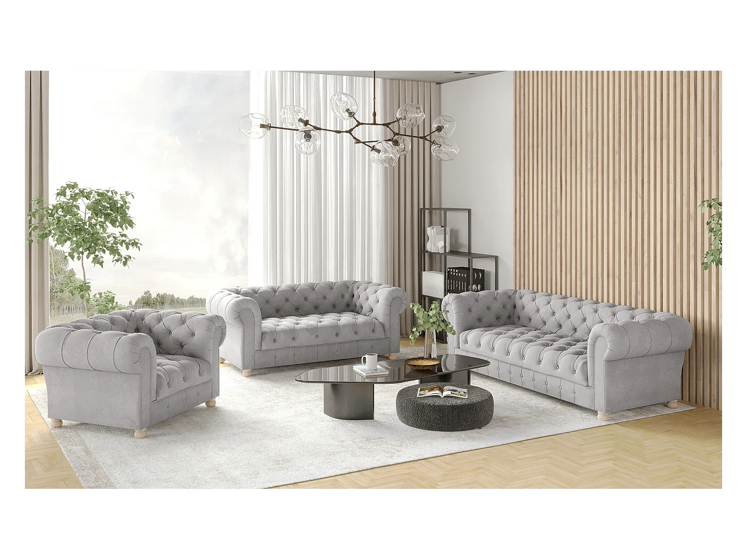 Set 3+2+1 CHESTERFIELD, Stoff Whisper, Silber