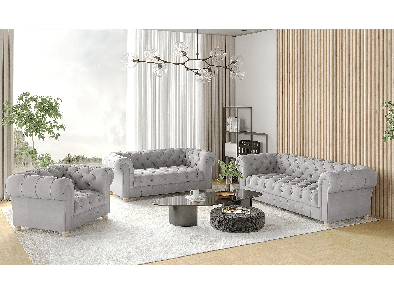 Set 3+2+1 CHESTERFIELD, stof Whisper, zilver