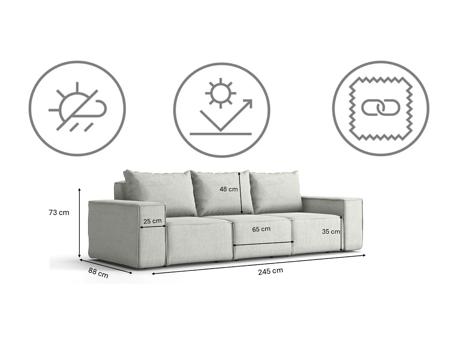 Salon de jardin canapé trois places SONNE, tissu ARTICLE, gris clair