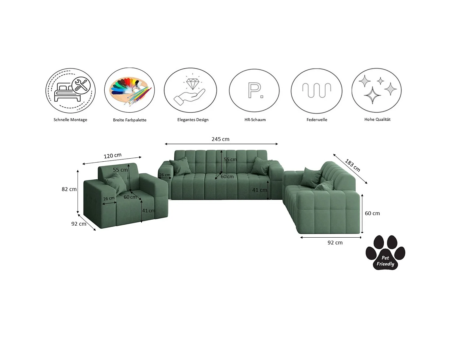 Set 3+2+1 NIMES, Stoff Portland, Grün